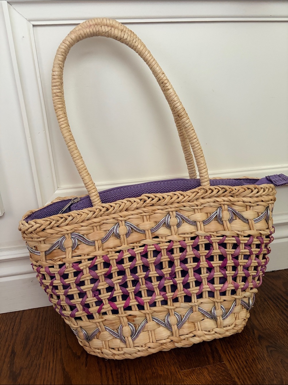 Woven natural Straw Bag with Purple & silver Accents
